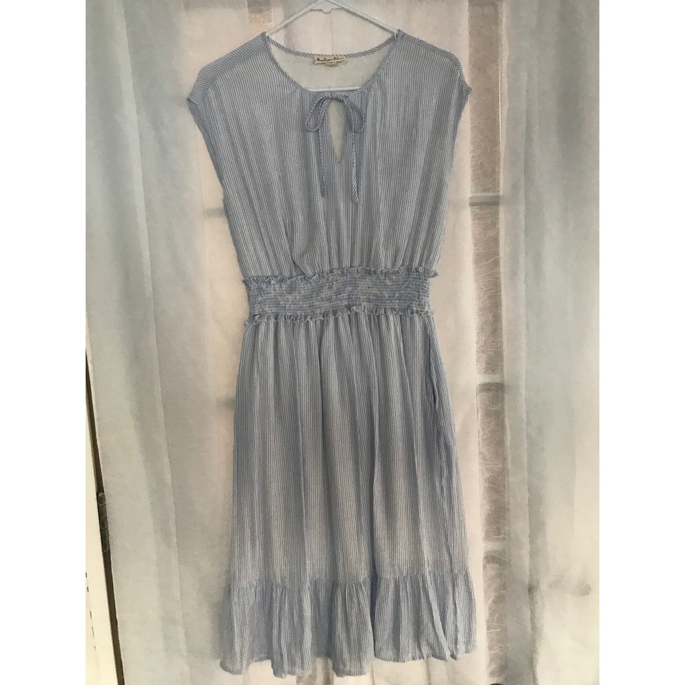 Indigo Rose Blue White Striped Seersucker Smocked Waist Midi Dress Womens Medium